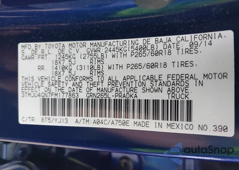 2015 Toyota Tacoma Prerunner V6 from USA, damaged, VIN 3TMJU4GN7FM177863